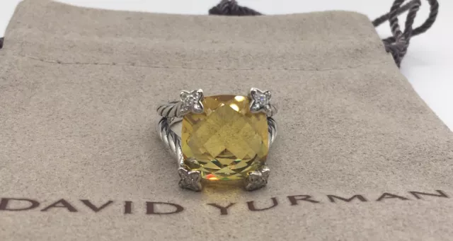 David Yurman 14mm Cushion On Point  Lemon Citrine Diamond Ring Size 6.5