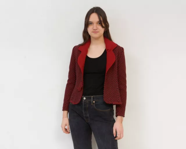 Femmes M Laine Carreaux Tartan Écossais Blazer Veste Cardigan Pull Rouge Vintage