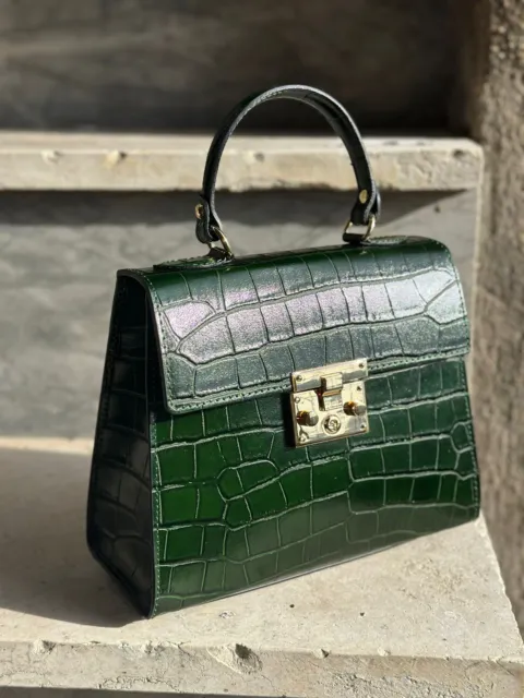 Mini borsa vera pelle stampa coccodrillo verde donna ragazza genuine leather bag