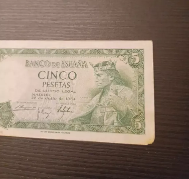 1954 Banco De Espana Cinco Pesetas Banknote 3