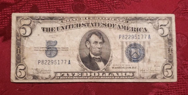 1934 C Five Dollar 5$ US Silver Certificate Blue Seal, Free Shipping