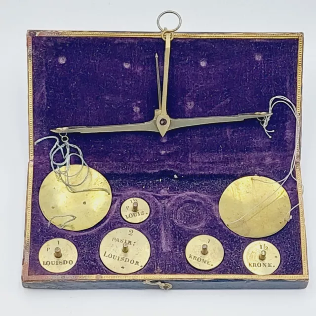 Antike Seltene Barock Gold Münzwaage / Gold Waage Louisdor Krone Pasir im Etui