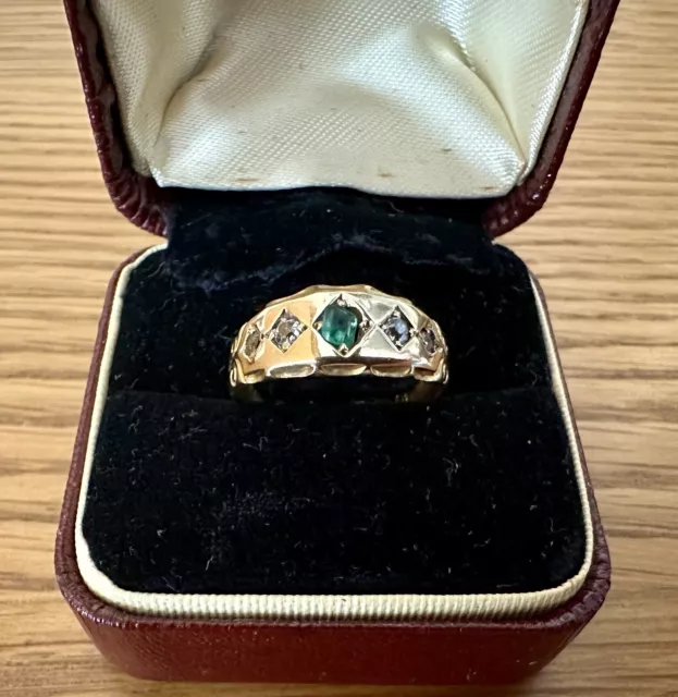 Antique Solid 18ct Gold Diamond & Emerald Gypsy Ring UK Size J 1/2 2.6g Bham1892