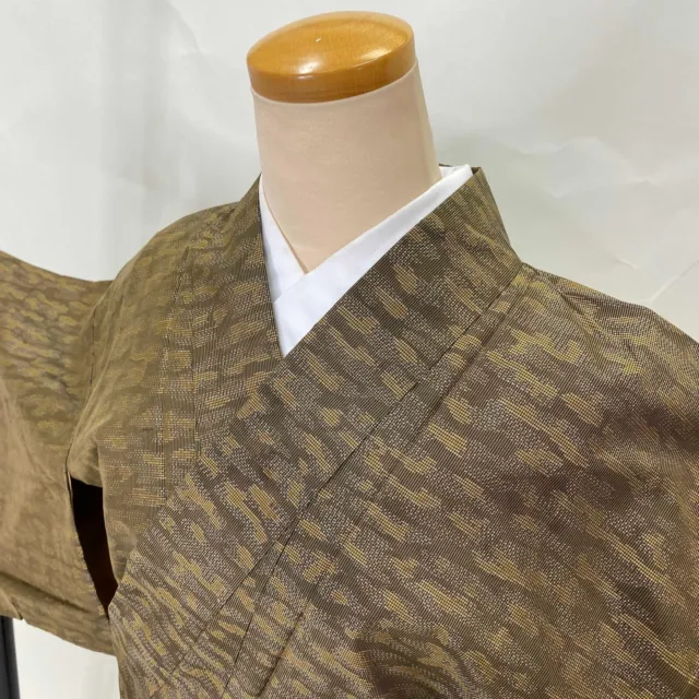 VINTAGE Japanese Kimono Tsumugi striped brown Silk Casual  S size G-684