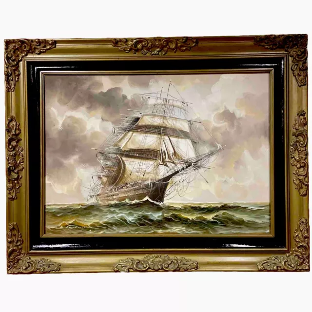 quadro dipinto a olio su tela marina veliero con cornice oro in stile antico 900