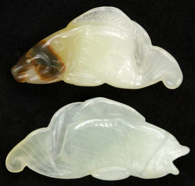 Antique Pair 2 Chinese Qing Dynasty Carved Light Green Jade Koi Fish China Old