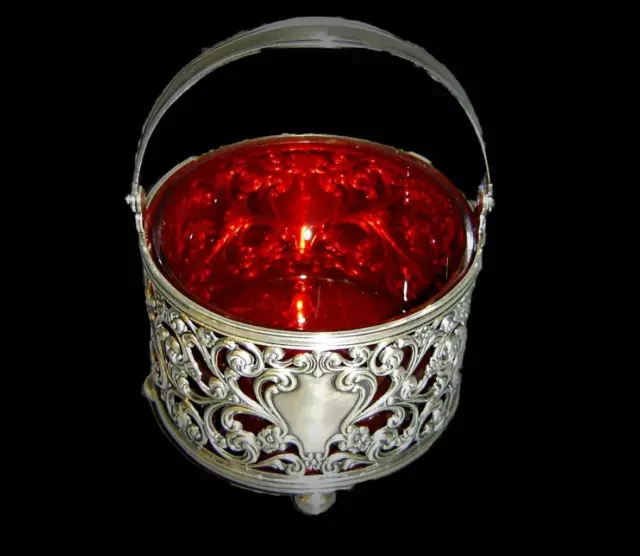 Antique American Wilcox and Wagoner Sterling Silver Basket Cranberry Glass Liner