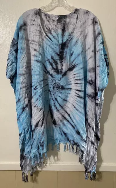 ATM Boho Hippie Tie Dye Kimono Top Womens One Size Blue Fringe Beachy Lagenlook