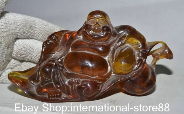 6.8" Old Chinese Red Amber Carving Feng Shui Happy Laugh Maitreya Buddha Statue