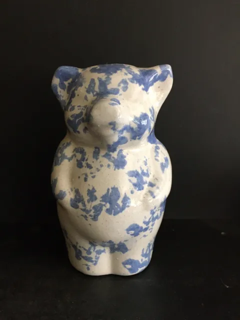 Spongeware Blue and White Bybee Pottery Bear Coin Bank