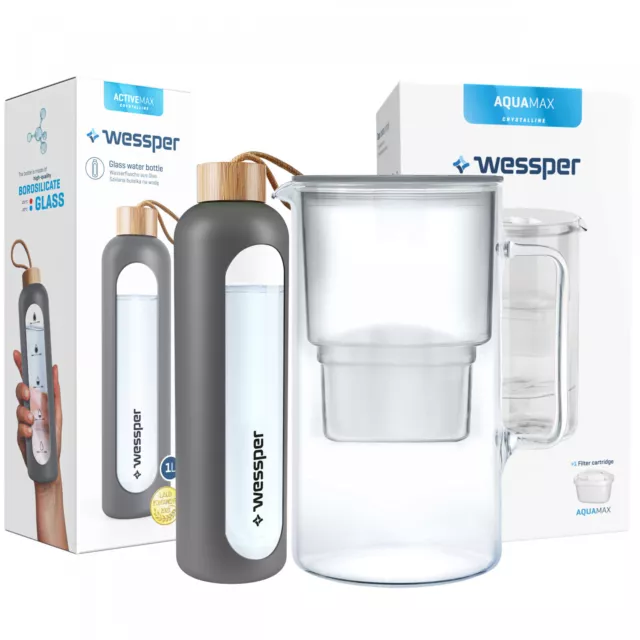 Carafe filtrante Wessper 2,5l  d'eau Gris + bouteille en verre sur une ficelle
