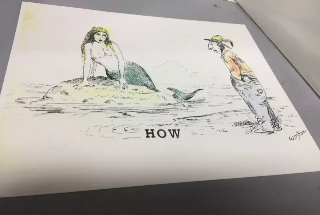 Vtg PRINT~INDIAN native American LOOKs AT MERMAID SAYING “HOW” signed~COMIC