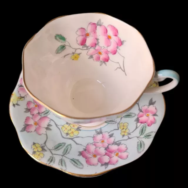 Pastel blue bone china floral cup and saucer by Foley Springdale X 2 2