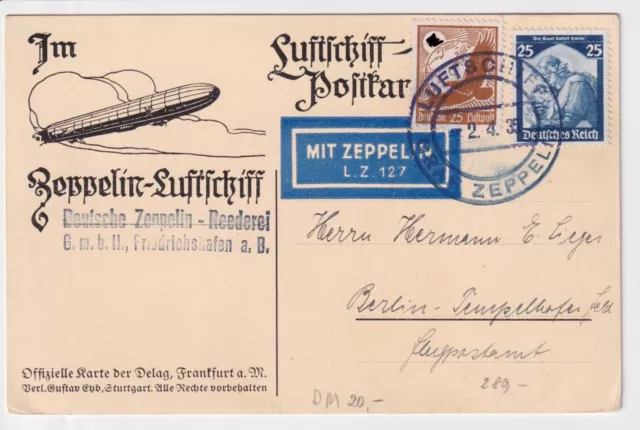 Zeppelin LZ127  Erstflug für DZR n Berlin 2.4.1935 auf DELAG-Karte von Bühl