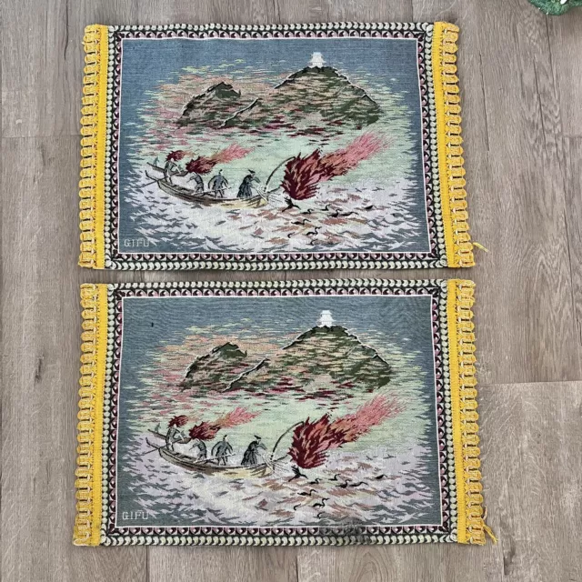Vintage 2 Japanese Woven Silk Tapestry Wall Hanging Table Cloth Placemats - Mint