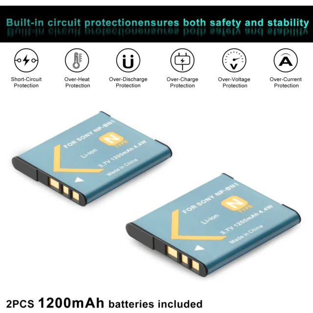 2× NP-BN1 Battery For Sony CyberShot DSC-QX10 QX100 W310 T110 TX55 + USB Charger 2