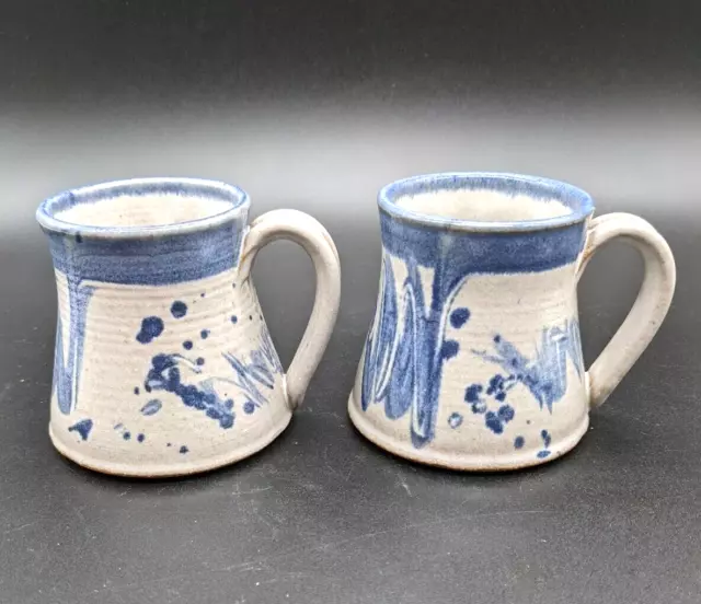 Two (2) Studio Art Pottery Mugs - Artist Signed Hand Made Ceramic Cups Gray Blue