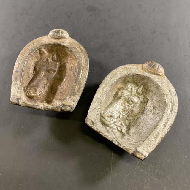 Lot X2 Antique Victorian Cast Iron Horse Shoe Horsehead Figural Ash Trays