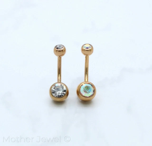 14K Rose Gold Triple Plated Simulated Diamond Belly Button Navel Barbell Ring