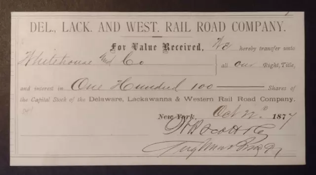 1877 Delaware Lackawanna Western Railroad Capitol Stock Transfer Certificate