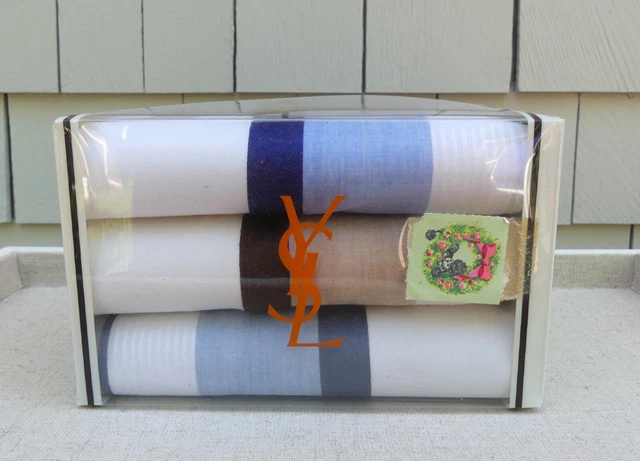 Yves Saint Laurent YSL cotton handkerchief set 3 NIB vintage old stock blue brow