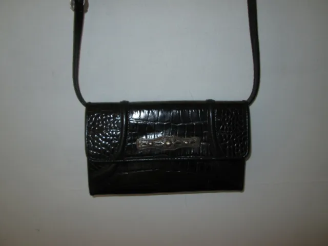 BRIGHTON Black Moc Croc Embossed Leather Checkbook Clutch Wallet-On-A-String