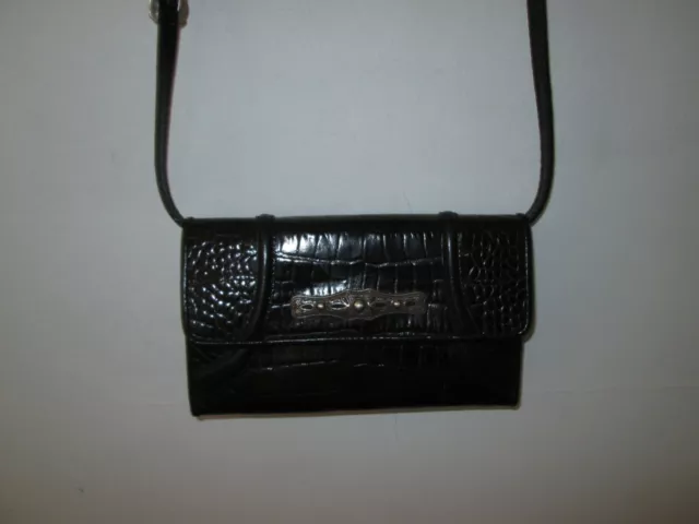 BRIGHTON Black Moc Croc Embossed Leather Checkbook Clutch Wallet-On-A-String