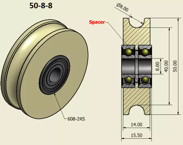 50mm Nylon Pulley Wheel with Ball Bearings Various Groove Size Precisely Turned.