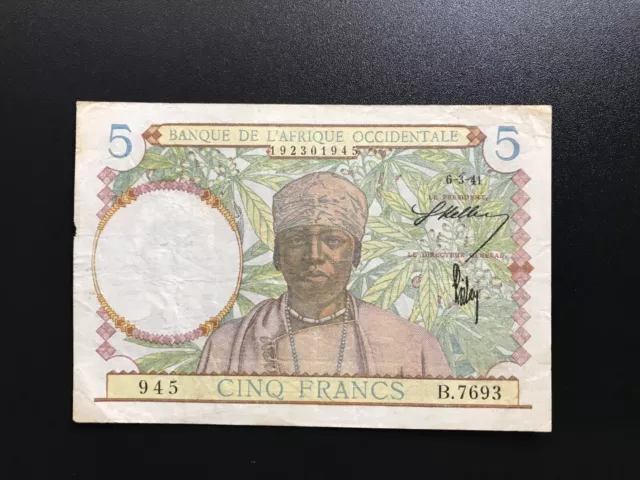 French Africa Occidental 5 Francs Banknote 1941 old Paper Bank Bill Note P-25