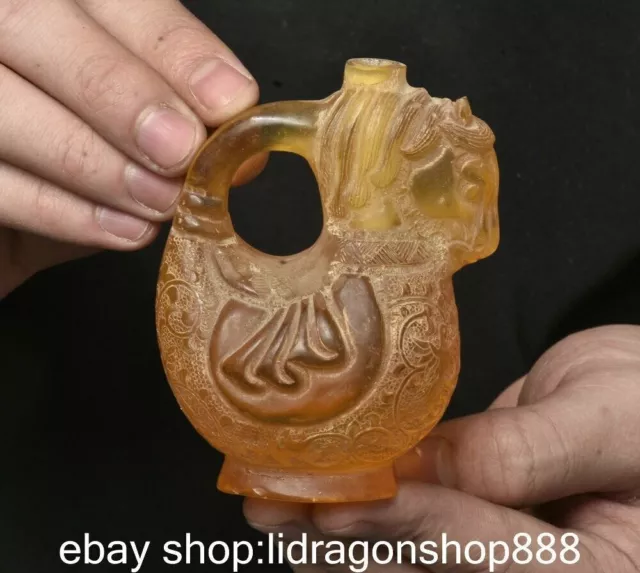3.6 "Chine vieux jaune ambre sculpté Feng Shui fleur cheval pot de fumée de nez