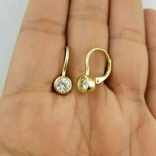 Women Drop 0.60Ct Round Cut Moissanite Bezel Set Earrings 14k Yellow Gold Plated