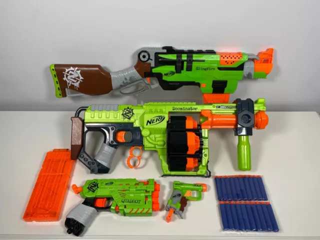 Nerf Zombie Strike Slingfire, Doominator, Quadrot & Jolt Bundle + New Darts- VGC