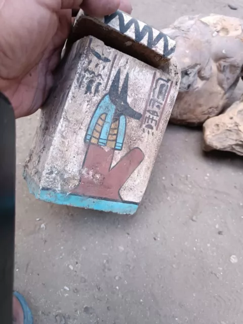 Unique ancient Egyptian Antiquities box Anubis wood with Antique Hieroglyphic BC