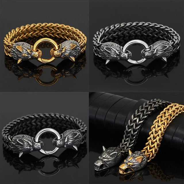 1PC Nordic Titanium steel Wolf Head  Vintage Personality Viking Men's Bracelet