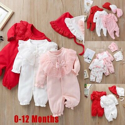 Newborn Infant Baby Girls Solid Ruffles Lace Romper Jumpsuit+Hat Outfits Sets UK