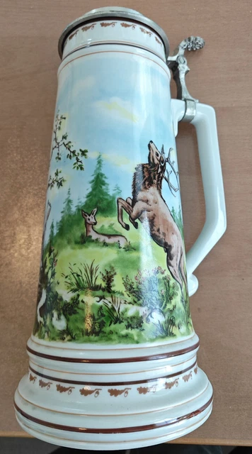 orig Riesen 3L Zinn Krug Bier Deckel Seidel Jagd DDR Lichte Maas Porzellan Fine