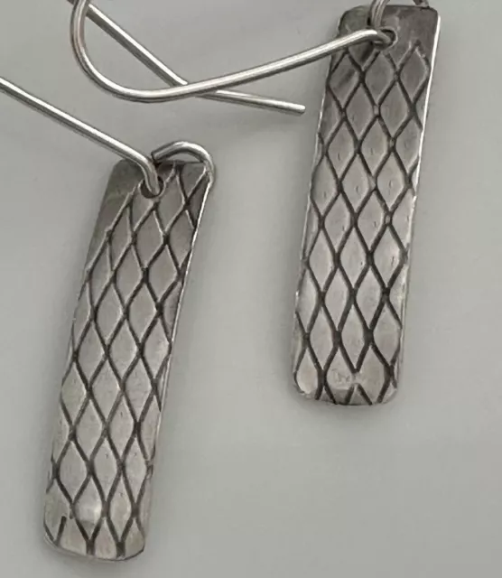 Signed “925”Sterling Silver Boho Tribal Style Hammered Rectangular Hook Earrings