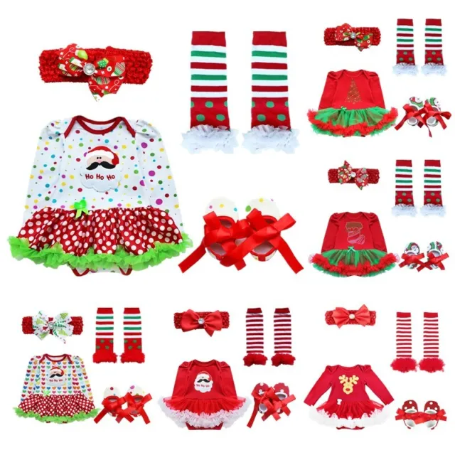 Baby Girls Christmas Dress Outfits Romper Headband Leg Shoes Tutu Party Costume
