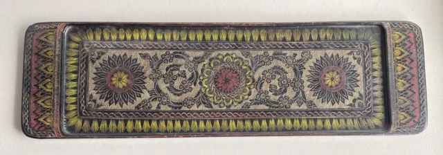 Burmese Lacquerware Tray Wooden Engraved & Hand Painted  Mid Century Vintage