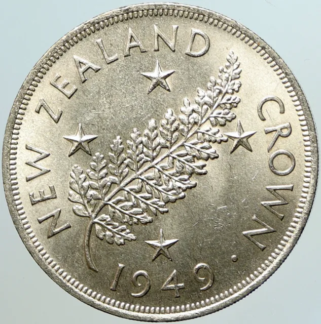 1949 NEW ZEALAND King George VI FERN PLANT UK Vintage Silver Crown Coin i101244 2