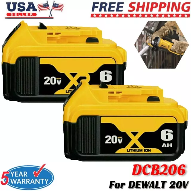 2Pack replace  For DeWalt 20V Max XR 6.0AH Lithium Ion Battery DCB206-2 DCB205-2