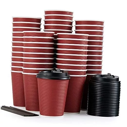 80 Pack 12 oz Disposable Coffee Cups, Insulated Ripple Wall Red 12.0 ounces