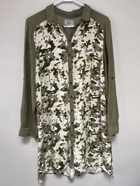 G H Bass Womens Camo Button Long Shirt Tunic Duster Lightweight Large