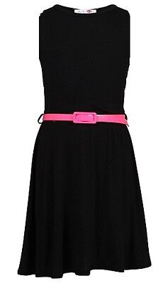 New Girls Black Skater Party Casual Dress With Pink Belt Age 7 8 9 10 11 12 13