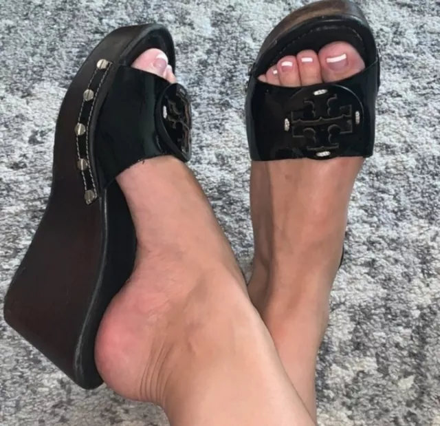Tory Burch Patti Black Patent Slides Platform Wedge Mules Heels Sandals Size 7.5