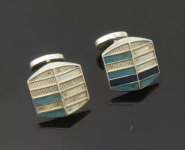 BRITISH 925 Sterling Silver - Vintage Enamel Detail Shiny Cufflinks - TR2826