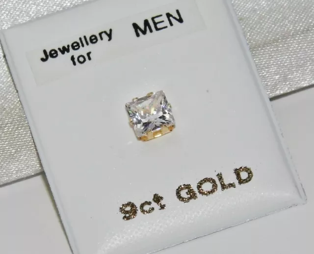 9CT GOLD 4mm PRINCESS CUT SQUARE MEN'S SINGLE STUD EARRING - Simulated Diamond