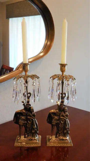 Pair Antique Victorian Couple Bronze Girandole Candelabra w/Crystal Prisms