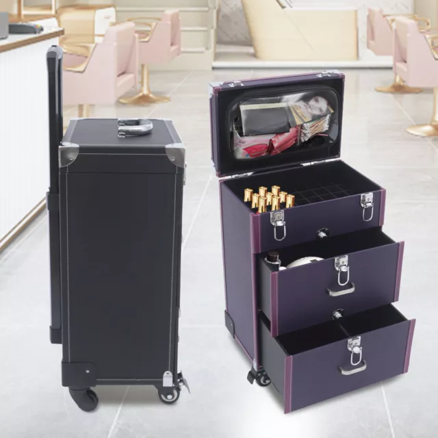 3-Layers Large Makeup Case Pro Cosmetic Storage Box Rolling Luggage Suitcase