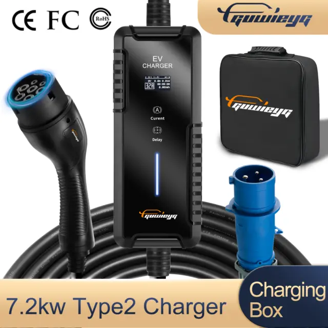 GUWIEYG EV Portable Charger 32A 7.2KW EVSE Charging Cable Type 2 IEC62196 CEE